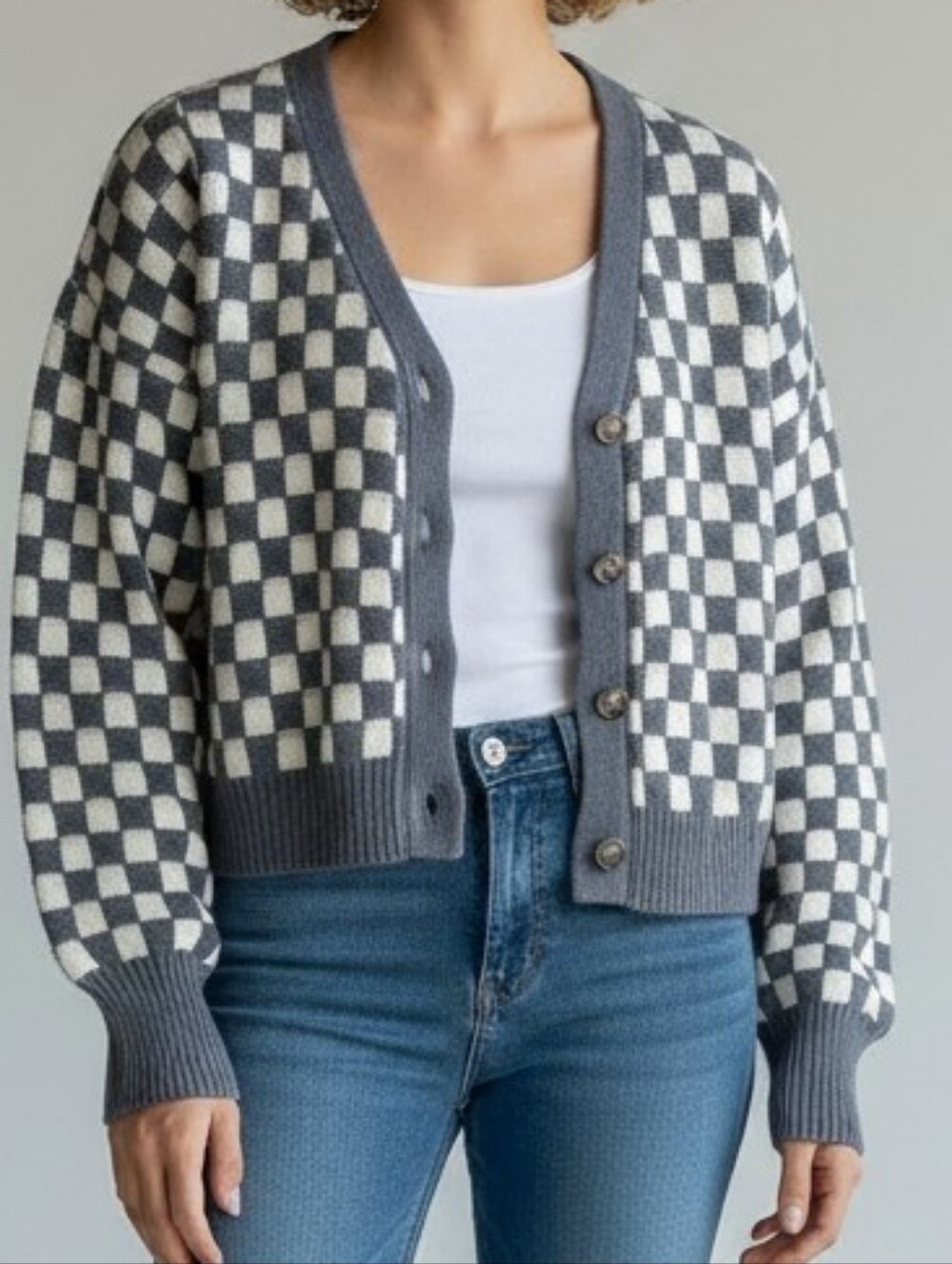 Sincerely Jule NWT Blue Grey And White Checkerbiard Kinit Cardigan L